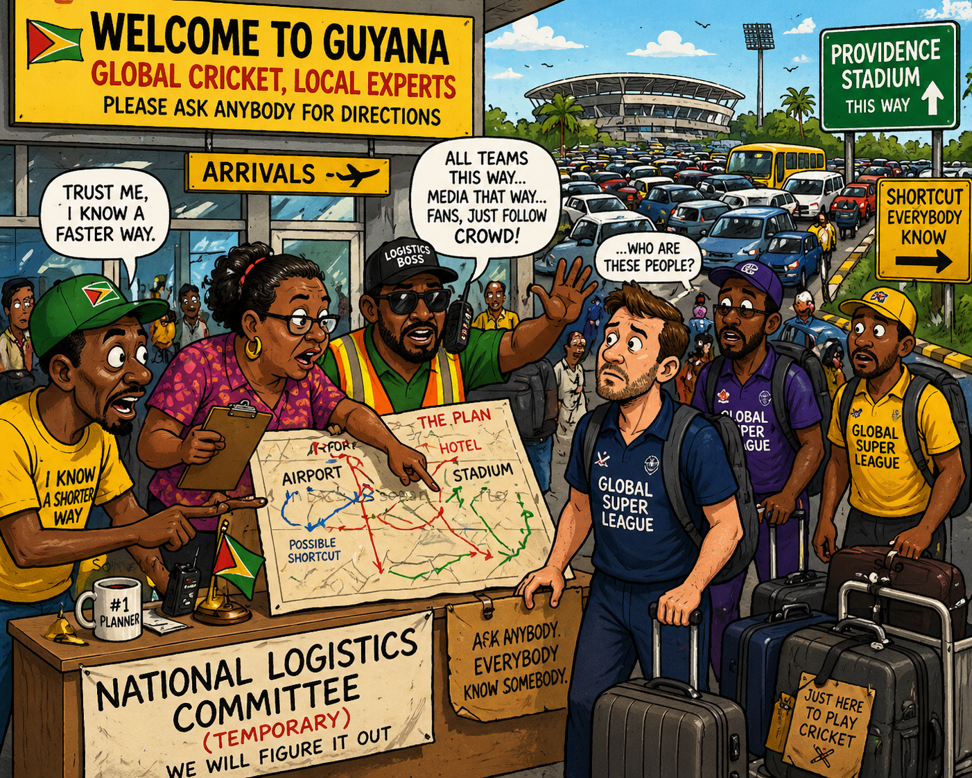 Welcome to Guyana — Global Cricket, Local Experts. Cartoon: Mr. Moredan Satire.