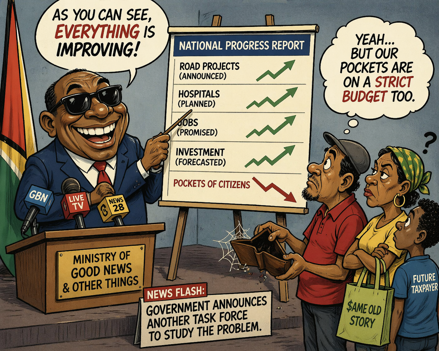 The Ministry of Good News — editorial cartoon by Mr. Moredan Satire
