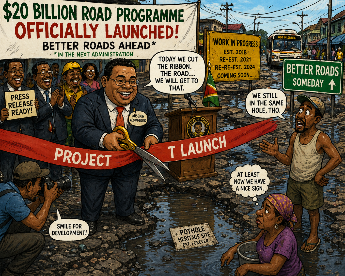 $20 Billion Road Programme Officially Launched (Better Roads Ahead*) — editorial cartoon by Mr. Moredan Satire