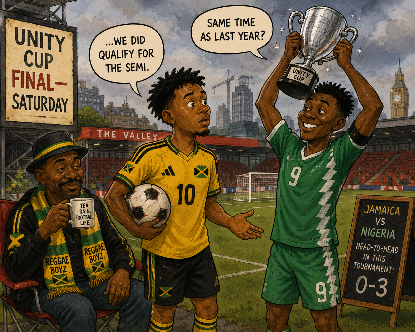 Sports cartoon: Trinidad and Tobago, suggestion box on the locker-room wall